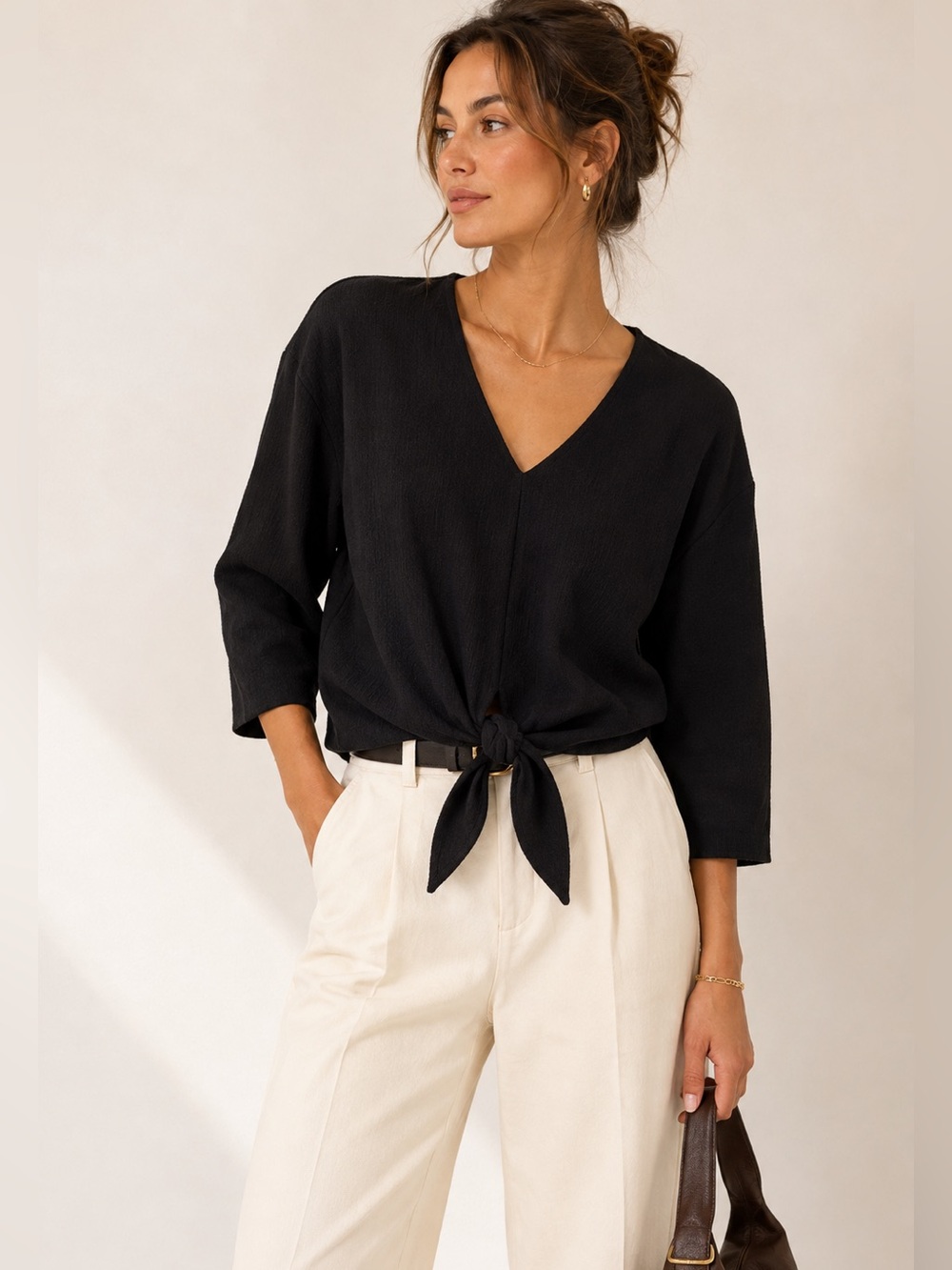 MADEWELL | Black V-Neck Tie-Front textured top 3/4 sleeves casual everyday XS